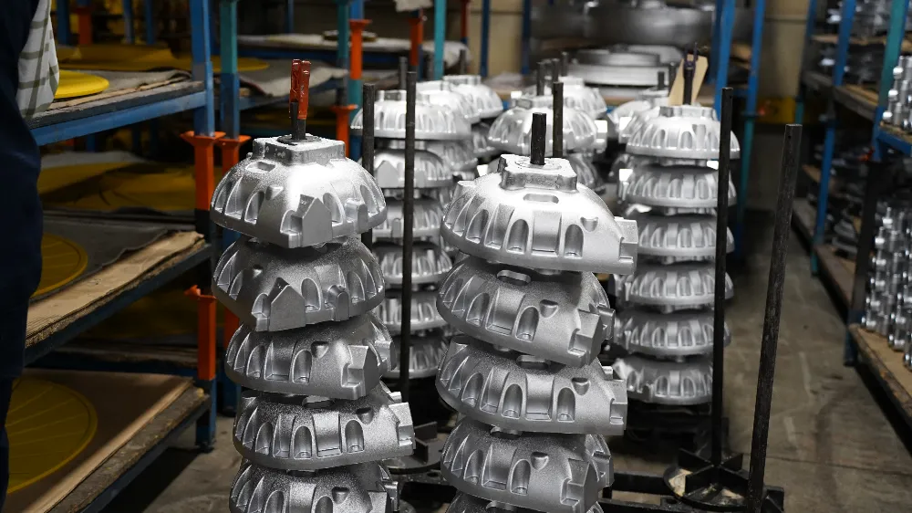 Racks of cast aluminum HVAC blower housings